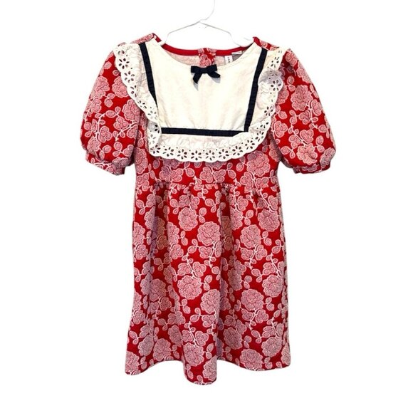 Janie and Jack Bradbury Red Rose Jacquard Eyelet Ruffle Dress Girls Size 5 - Picture 1 of 11